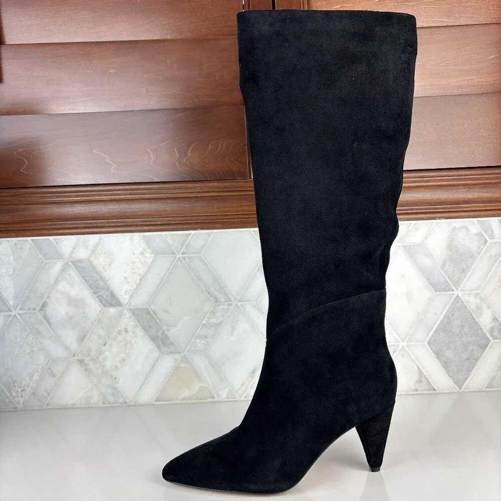 7.5 Tall Knee High Boot Black Leather Suede Cone Heel Pointed Toe Zip Bryle